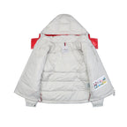 White long puffer jacket back panel with red cuffs and hood lining