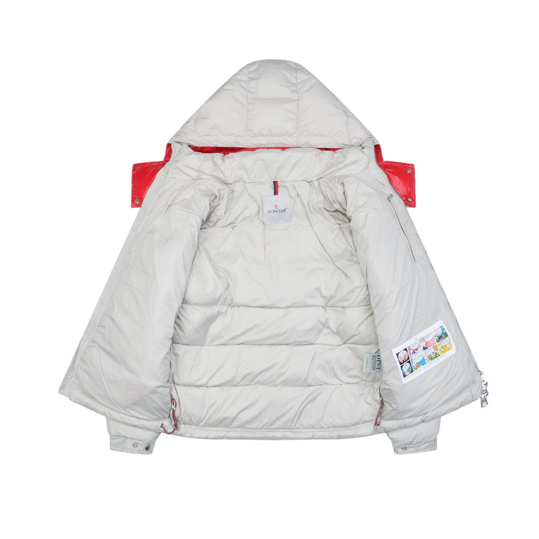 White long puffer jacket back panel with red cuffs and hood lining