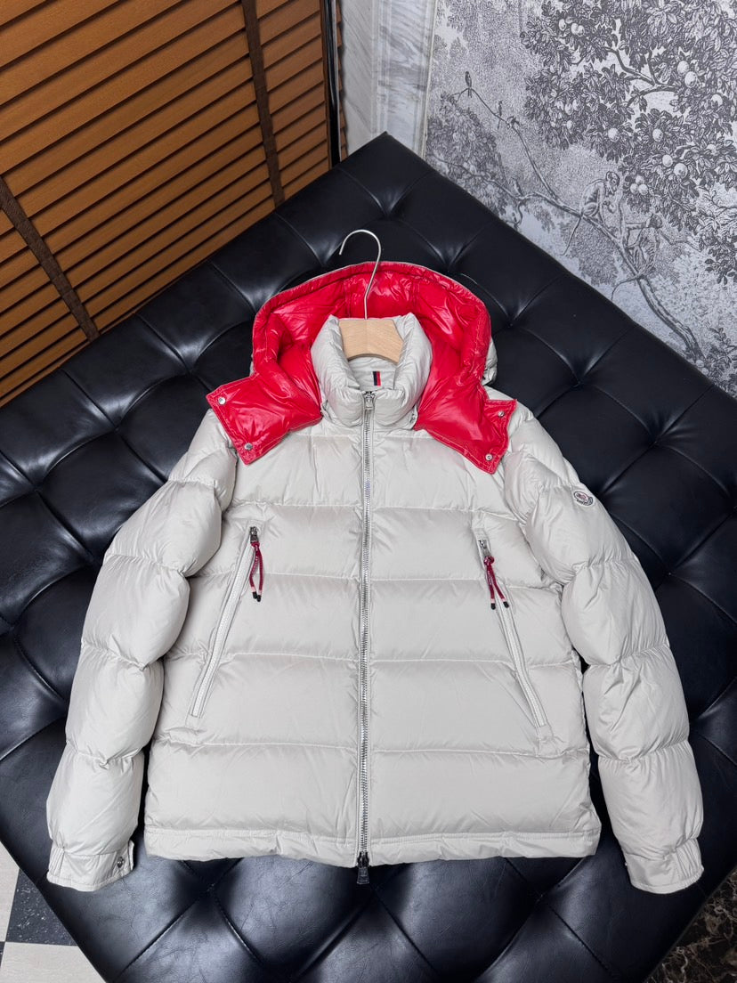 Moncler long puffer jacket, white body with red hood lining and zip front