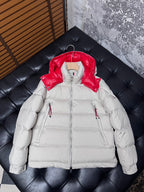 Moncler long puffer jacket, white body with red hood lining and zip front