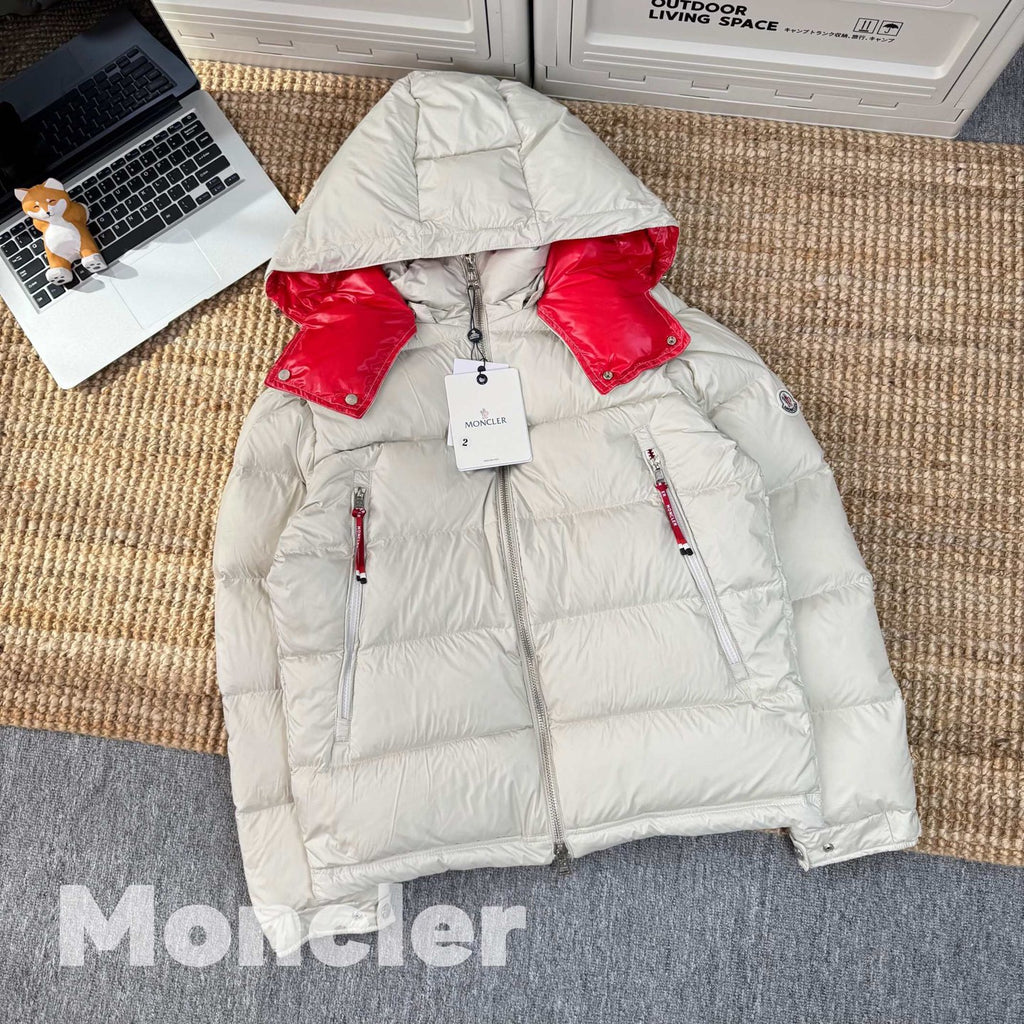 Moncler long puffer jacket, white exterior with red hood and front pockets
