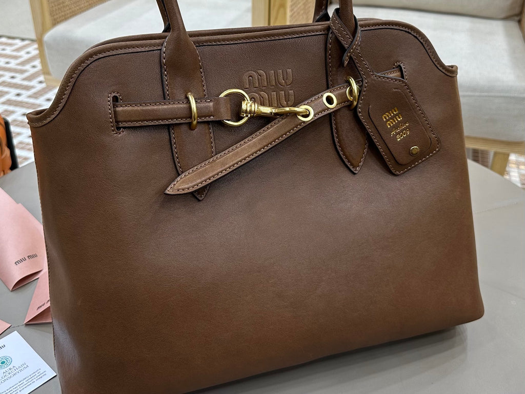 Brown leather handbag front panel with gold-toned clasp and logo luggage tag