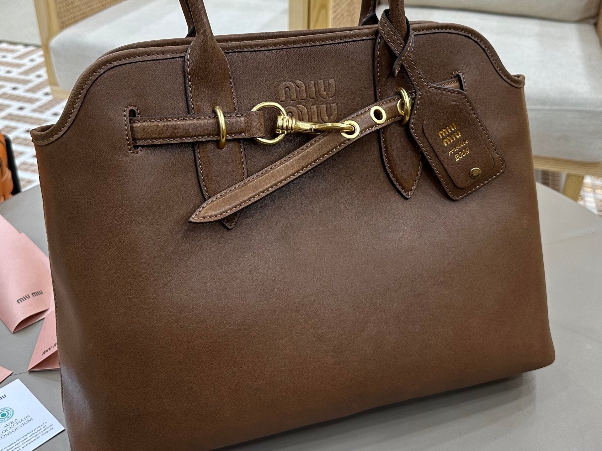 Brown leather handbag front panel with gold-toned clasp and logo luggage tag