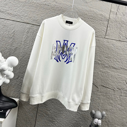 White Amiri crewneck sweatshirt, blue graphic front with silver metallic detailing