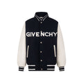 Black varsity jacket with cream sleeves, striped collar, snap buttons, GIVENCHY logo