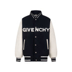 Black varsity jacket with cream sleeves, striped collar, snap buttons, GIVENCHY logo