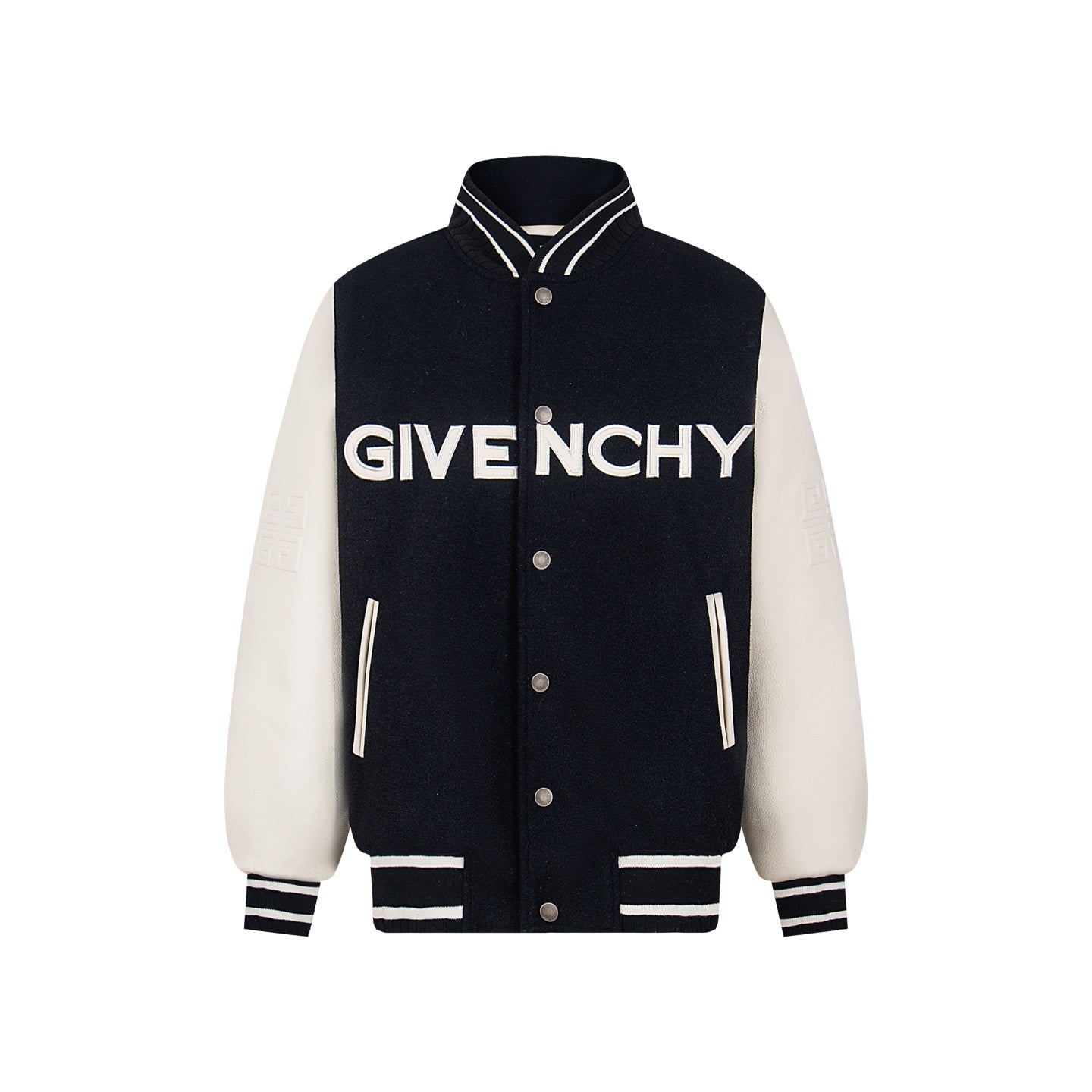 Black varsity jacket with cream sleeves, striped collar, snap buttons, GIVENCHY logo