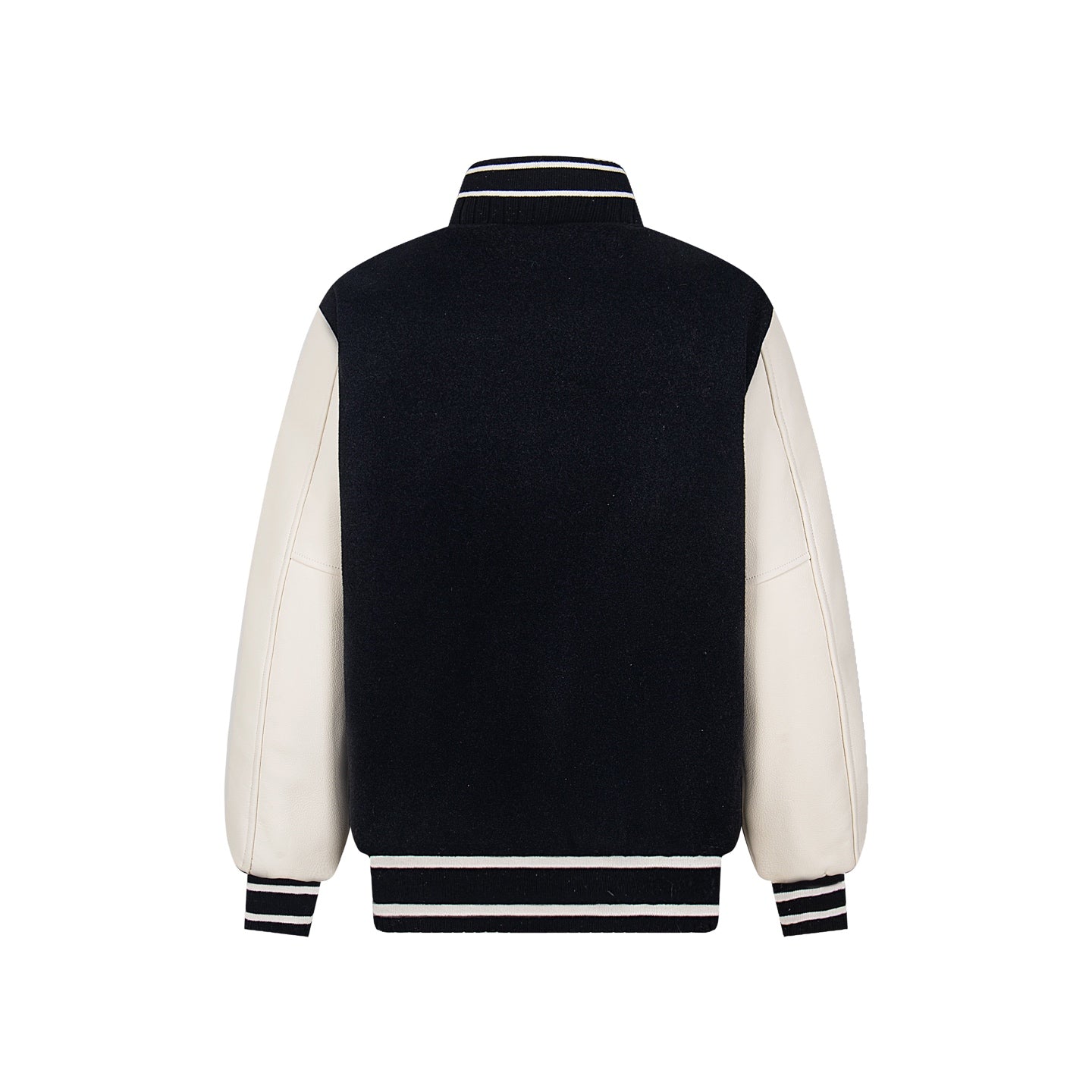 Back view of black varsity jacket with cream sleeves and striped ribbed hem and cuffs