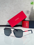 Prada sunglasses with dark lenses, black metal frame, white temple tips