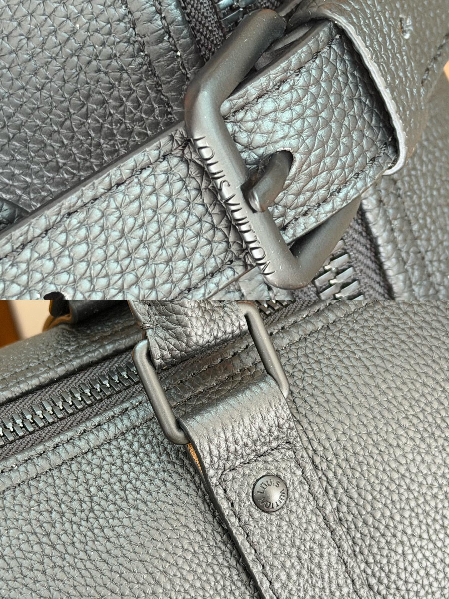 Metal zipper pull and rivet hardware on dark teal textured leather duffel bag