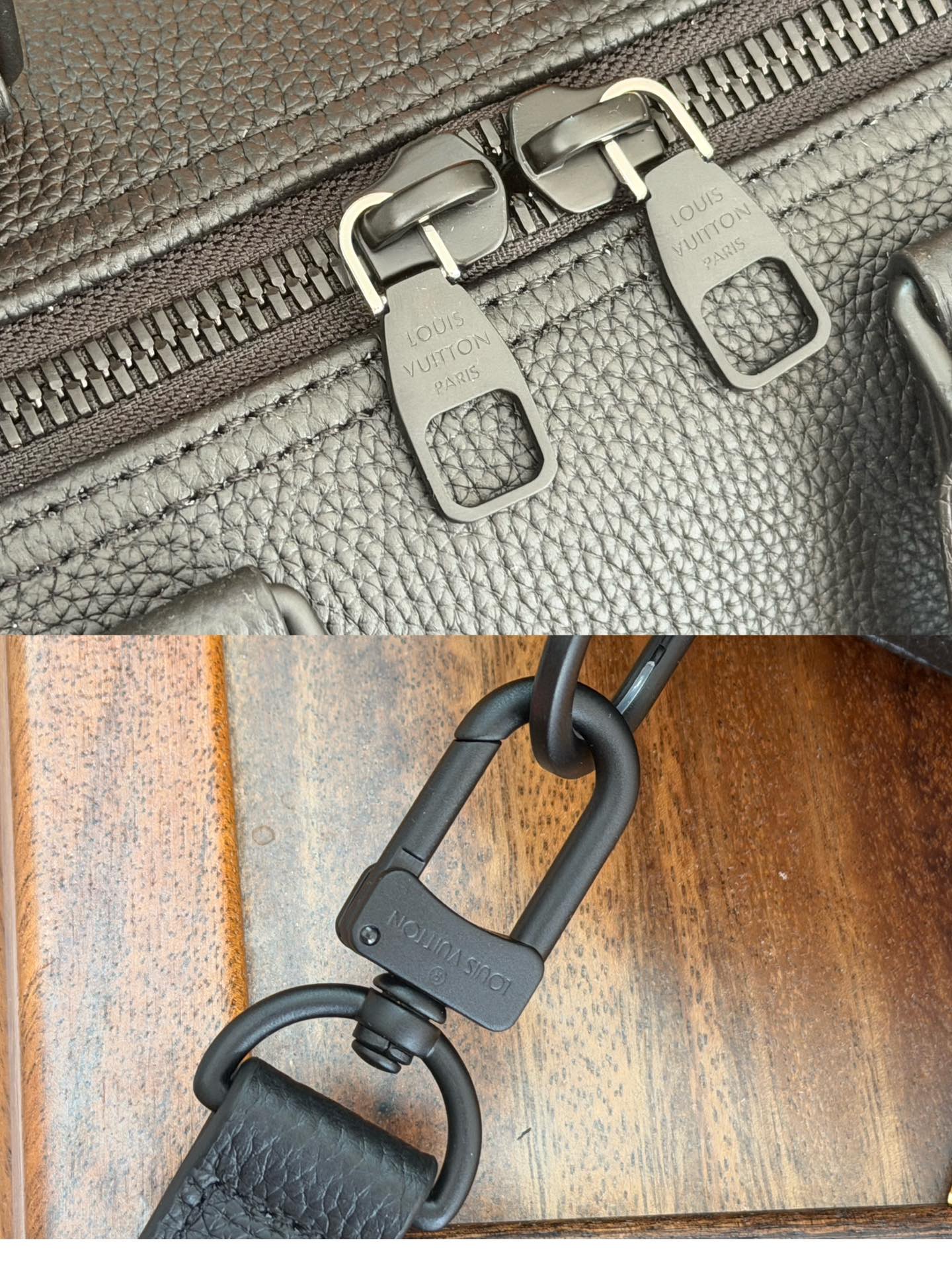 Zipper pulls and metal buckles on dark teal leather duffel bag