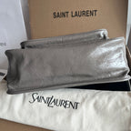 Silver leather bag with structured flap and quilted texture, chain strap