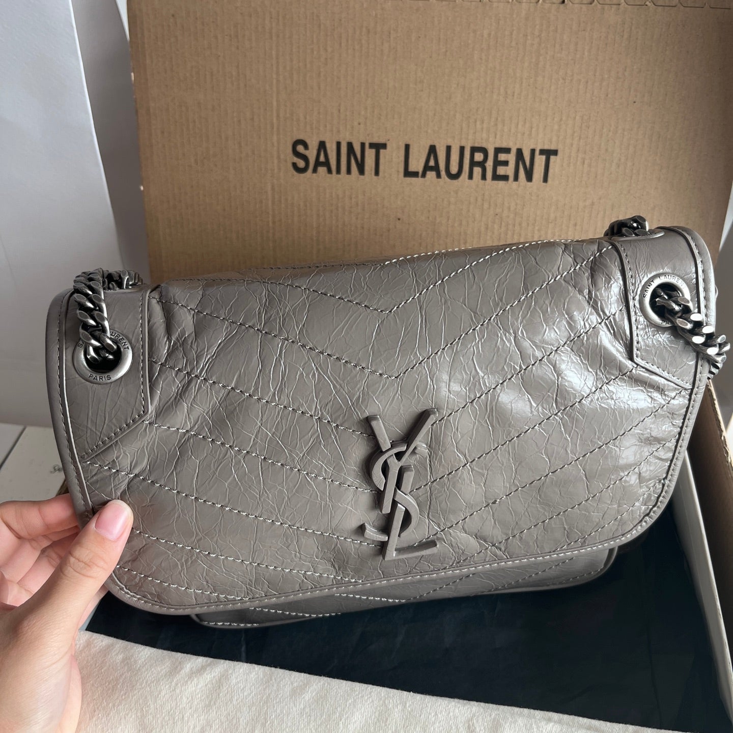 Silver leather shoulder bag with quilted flap, YSL logo, chain shoulder strap