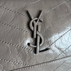Silver leather shoulder bag YSL monogram on quilted flap, chain-stitch trim