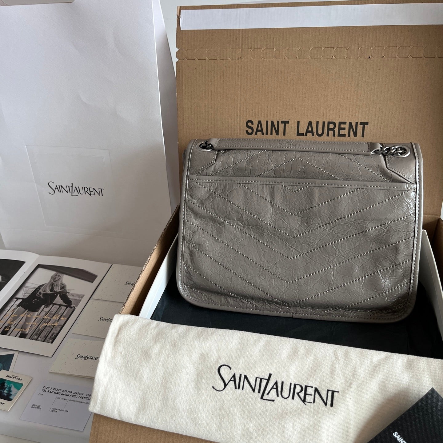 Silver leather shoulder bag with quilted flap, YSL logo and chain strap