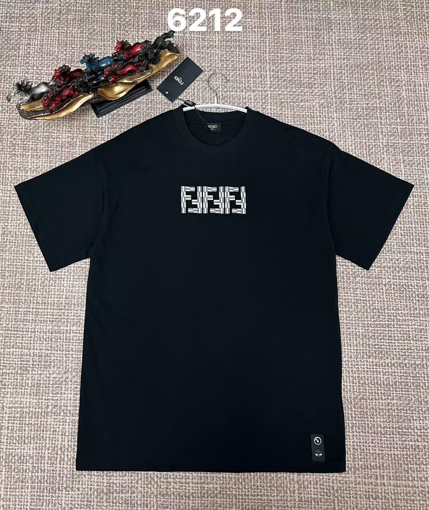 Black short-sleeve T-shirt with Fendi FF logo on chest, small hem logo patch