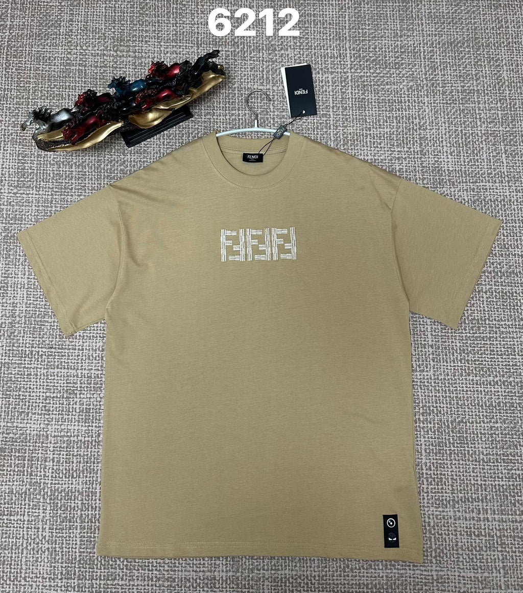 Beige short-sleeve T-shirt with Fendi FF logo on chest, small hem logo patch