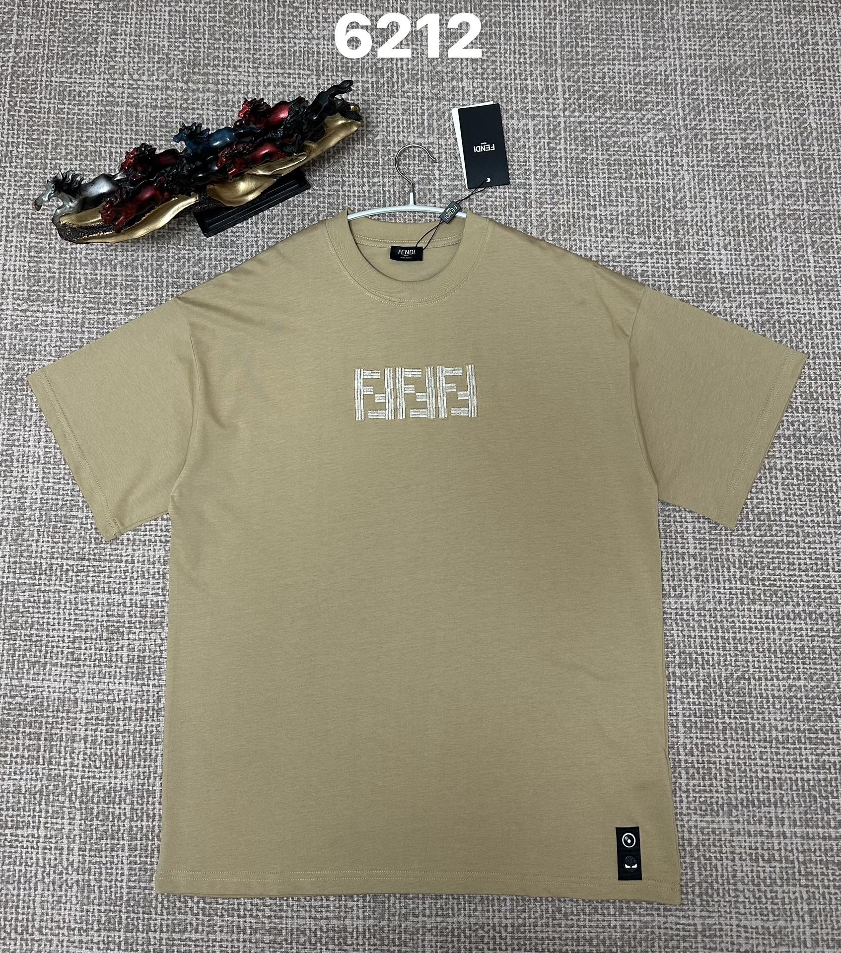 Beige short-sleeve T-shirt with Fendi FF logo on chest, small hem logo patch