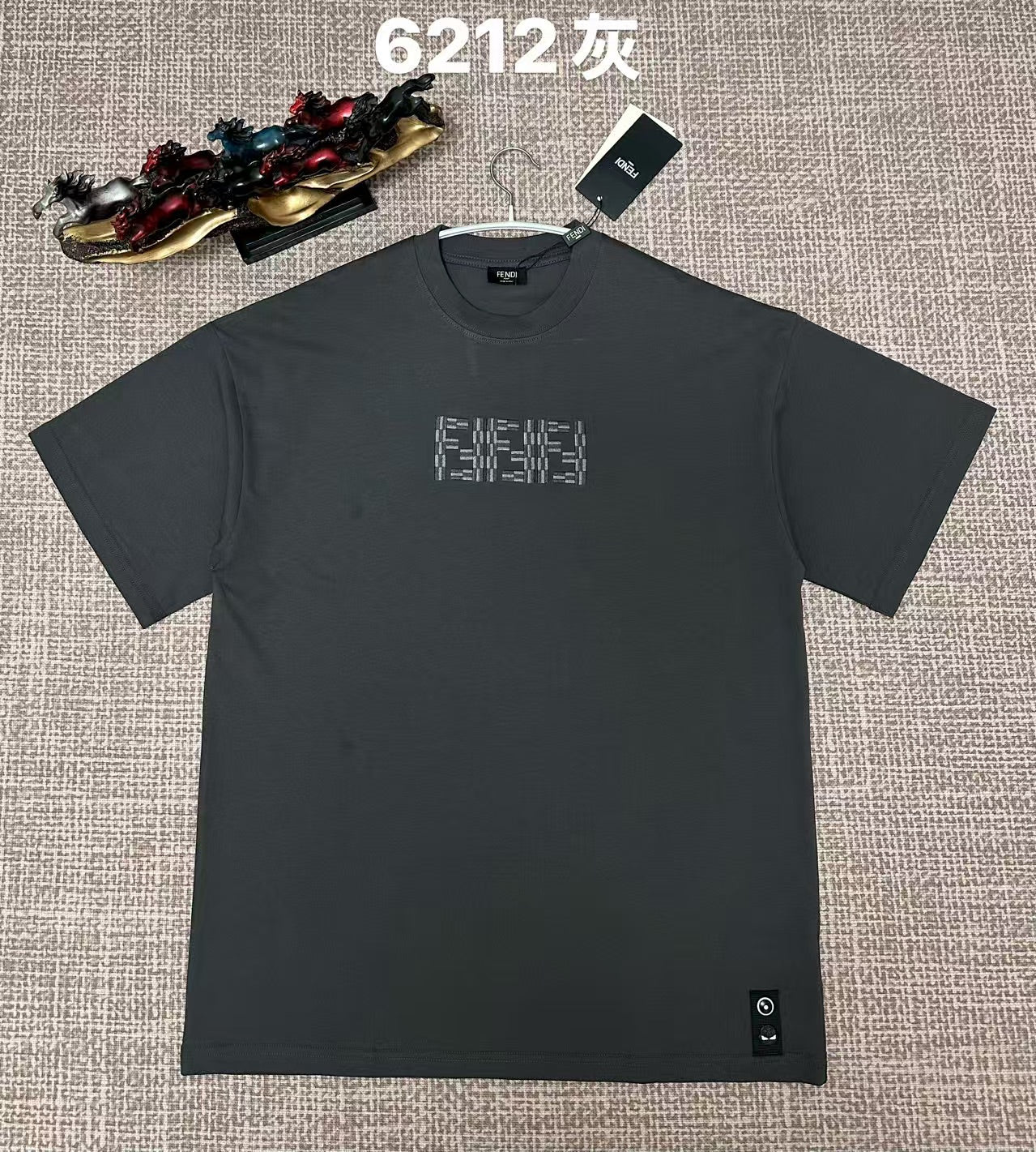 Charcoal short-sleeve T-shirt with Fendi FF logo on chest, small hem patch