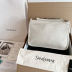 YSL bag in white textured leather with gold-tone chain strap and front flap