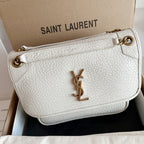 YSL bag in white textured leather with front flap, gold-tone chain hardware, YSL logo