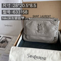 Silver leather shoulder bag with flap and YSL monogram clasp, chain strap