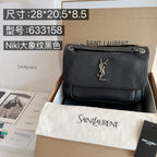 YSL bag with black textured leather, flap closure, silver chain strap, YSL logo