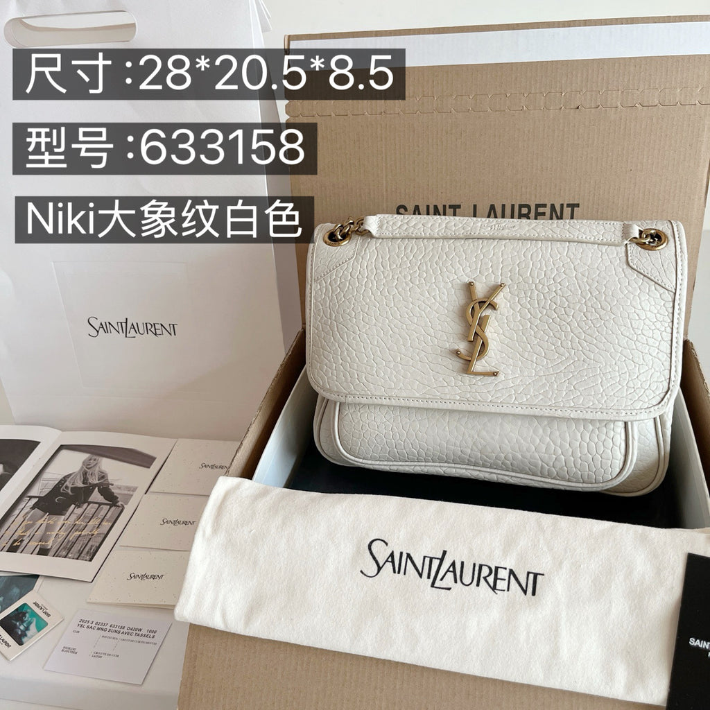 YSL bag in white textured leather with gold-tone YSL emblem and flap strap