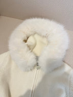 Moncler white knit sweater with full faux-fur hood and snap closure