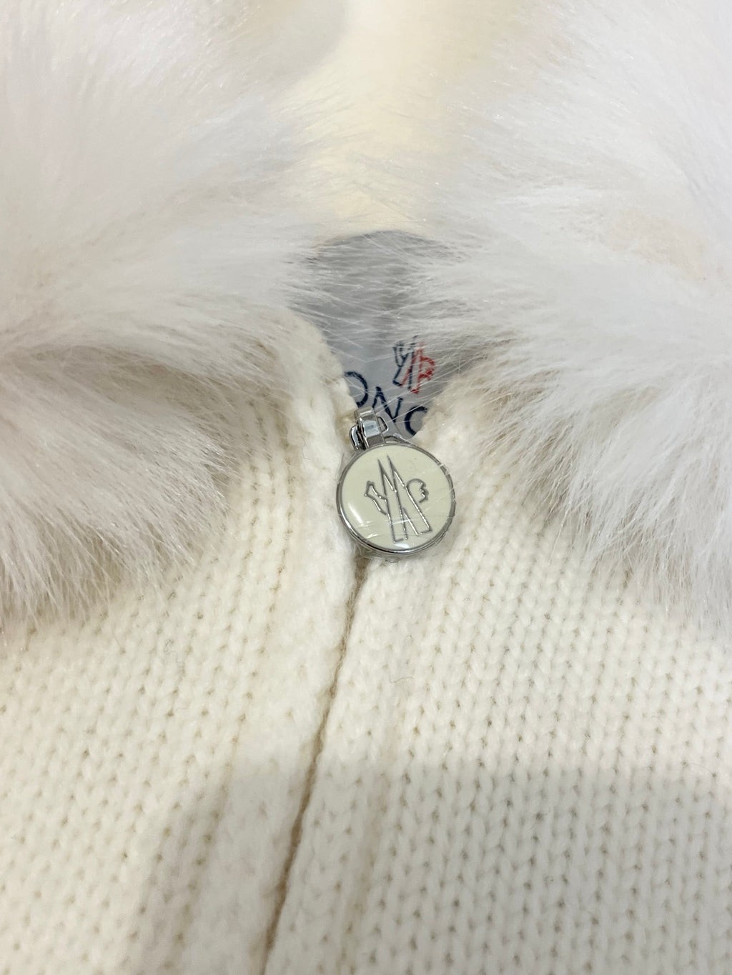 Moncler white knit zip sweater with metal logo zipper pull