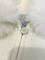 Moncler white knit zip sweater with metal logo zipper pull
