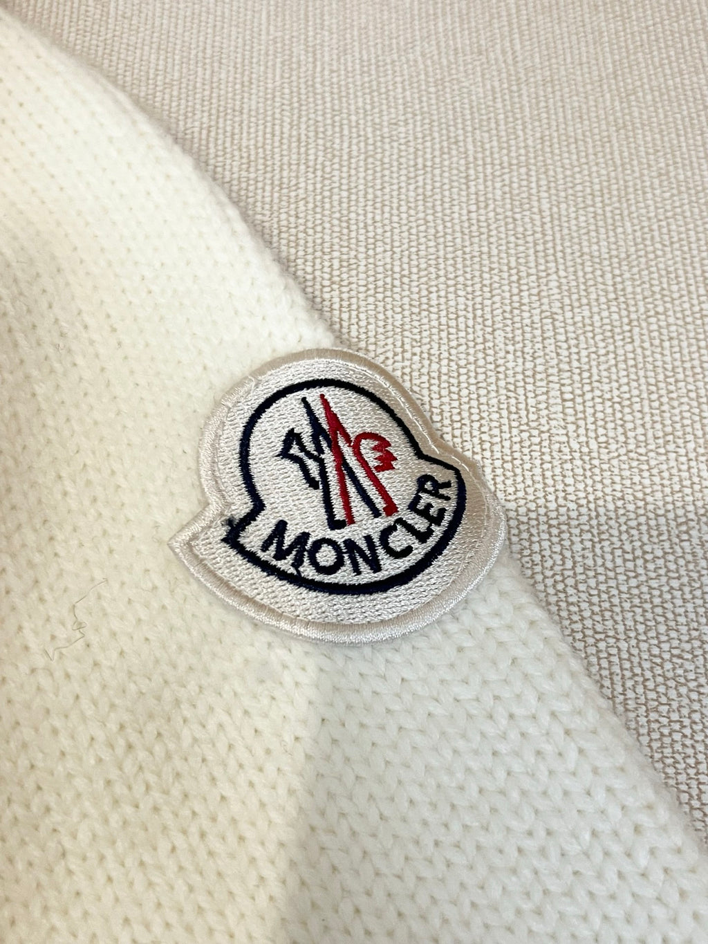 Moncler white knit sweater with embroidered Moncler logo patch