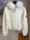 Moncler long knit zip sweater with white faux-fur hood