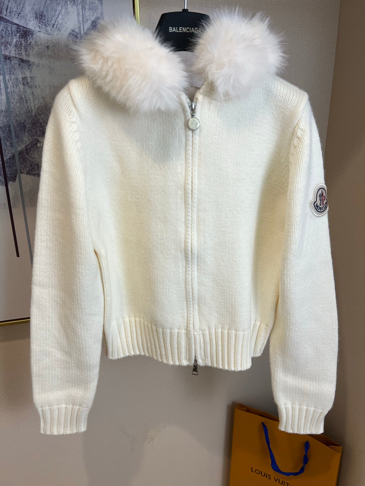 Moncler long knit zip sweater with white faux-fur hood