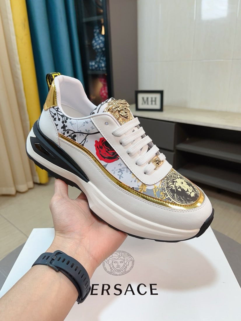 Versace sneakers, white with gold-trimmed graphic panel and red rose motif, lace-up