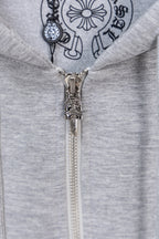 Grey zip hoodie with metal zipper and large chest logo graphic.