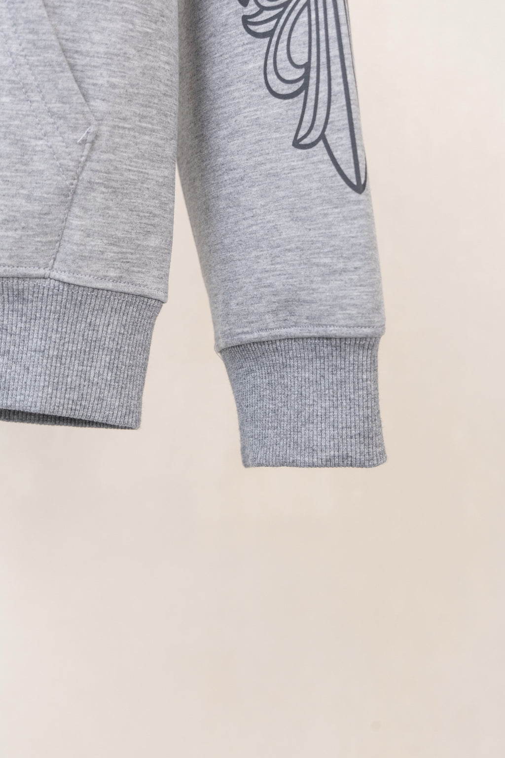 Heather gray zip-up hoodie sleeve cuff and hem