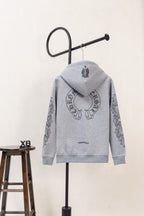 Grey long-sleeve zip hoodie with hood, back graphic, and graphic sleeve prints.