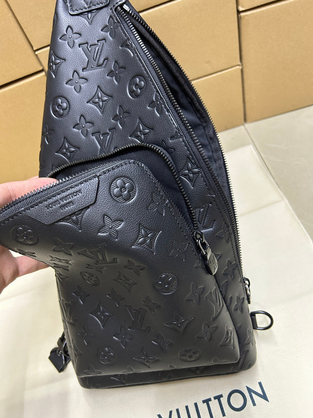 Men's Louis Vuitton monogram leather bag, dark blue/black, zipper top and front panel detail