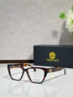 Tortoise rectangular eyeglasses with clear lenses and VERSACE logo on temple arms
