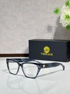 Blue rectangular eyeglasses with clear lenses and VERSACE logo on temple arms