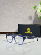 Blue gradient rectangular eyeglasses with clear lenses and VERSACE logo on temple arms