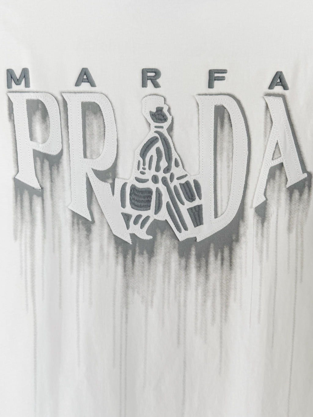 White Prada T-shirt with MARFA PRADA drippy back logo embroidery