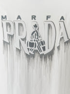 White Prada T-shirt with MARFA PRADA drippy back logo embroidery
