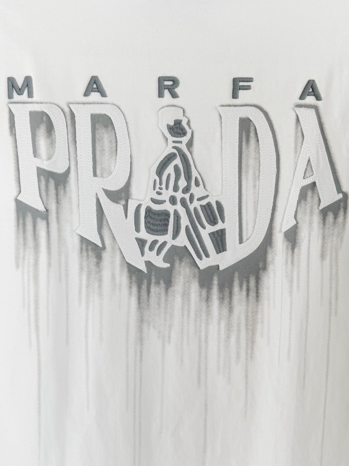 White Prada T-shirt with MARFA PRADA drippy back logo embroidery