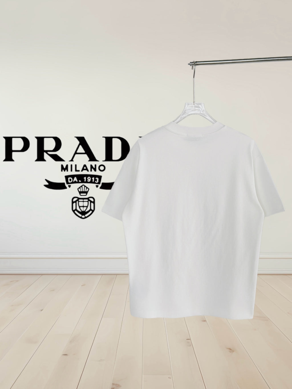 White short-sleeve crewneck T-shirt, back view on hanger