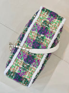 Chanel tweed handbag with chain crossbody strap, multicolor fabric and white leather trim