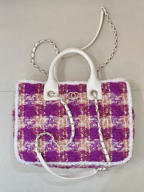 Chanel bag in purple and cream tweed with white top handles and silver chain strap