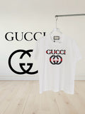 White crew-neck T-shirt with multicolor Gucci logo chest print