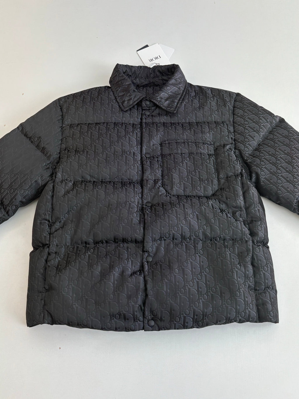 Dior long puffer jacket, dark navy, front view with chest pocket and stand collar